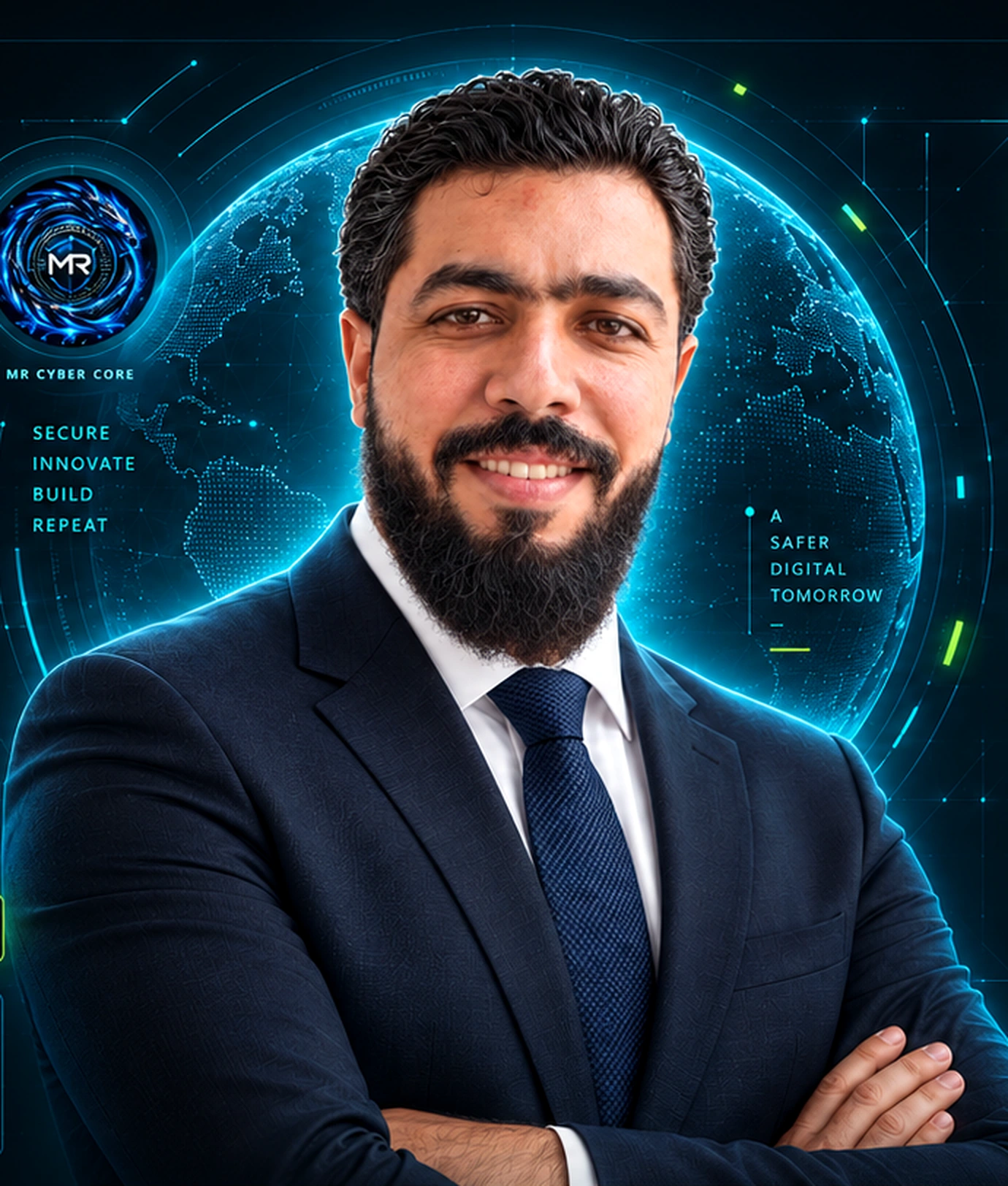 Mohamed Radi professional portrait integrated into a cyber executive interface