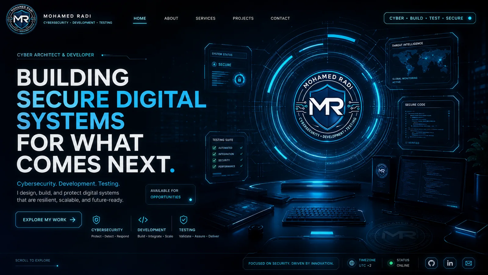 Mohamed Radi futuristic cybersecurity and engineering portfolio hero visual