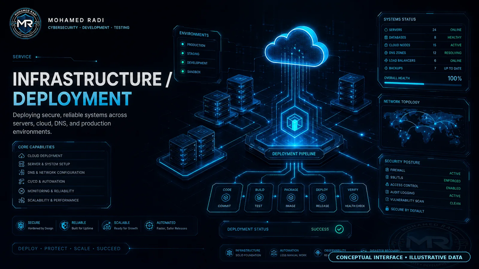 Conceptual infrastructure and deployment visual with cloud and server pipeline